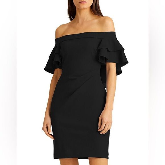 LAUREN RALPH LAUREN Women's Ruffled Cold-shoulder Crepe Sheath Dress Navy Sz 12 - Picture 1 of 8